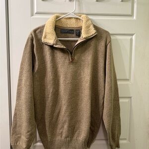 Oscar de la Renta Men's Brown Zip-Up Sweater with Cream Collar Size Medium